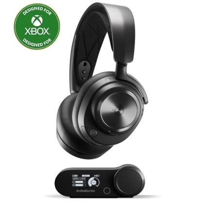Over-ear wireless headset designed for Xbox with a circular ear cup detail, connected to a small charging/base dock labeled SteelSeries and Xbox branding on the left.