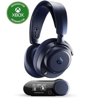 Dark blue SteelSeries gaming headset with charging dock and Xbox Designed for Xbox badge.
