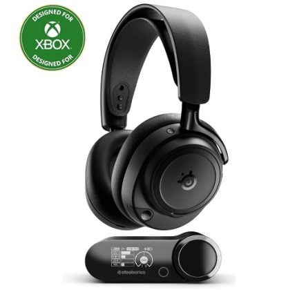 Black over-ear gaming headset with a wireless base station and a circular rotating earcup, labeled 'Designed for Xbox' badge in the corner.