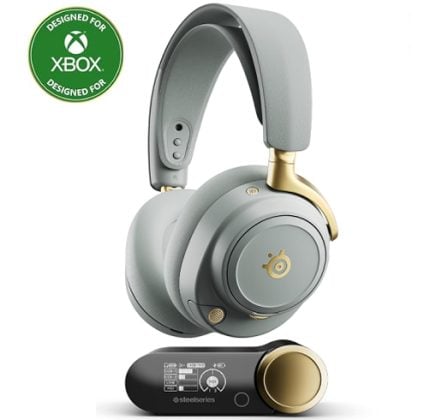 Gray over-ear gaming headset with gold accents and an Xbox-designed badge, shown with the wireless base station on a white background.