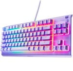 Wired white mechanical keyboard with rainbow RGB backlighting against a white background