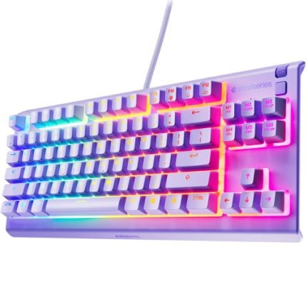 Wired white mechanical keyboard with rainbow RGB backlighting against a white background