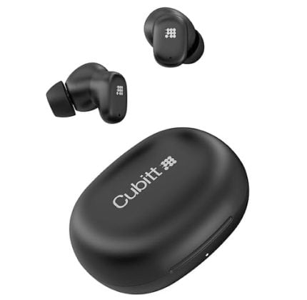 Pair of black true-wireless earbuds with a matching oval charging case branded CubiiT.