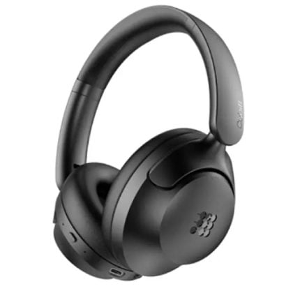 Black over-ear wireless headphones with cushioned ear cups and headband on a white background—informative product image.
