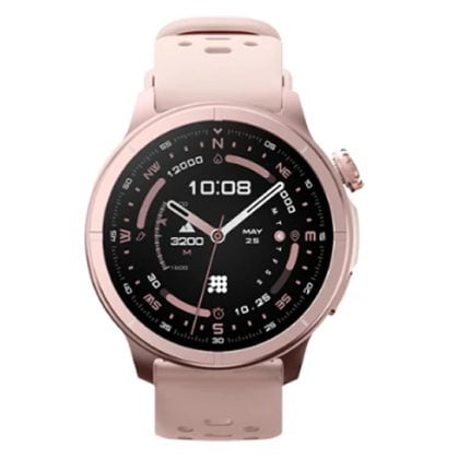 Rose-gold smartwatch with a black digital-analog dial, pink band, showing 10:08 and multiple metric marks on the face.