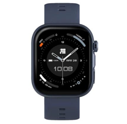 Blue smartwatch with a square touchscreen on a blue band, showing the time and activity indicators on a dark dial.