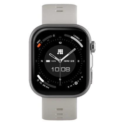 Smartwatch with a square face and beige strap showing an analog/digital watch face on a black display panel.