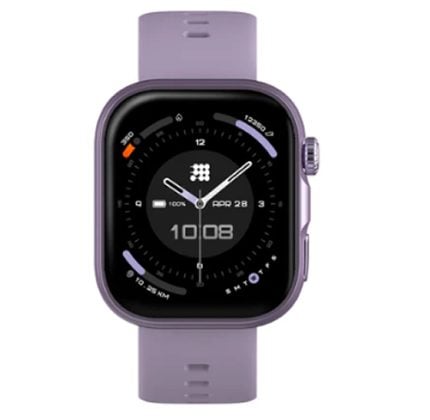 Purple smartwatch with square face and silicone strap, displaying 10:08 on a black dial.