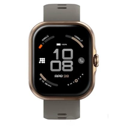 Rose-gold smartwatch with gray strap, screen showing 10:08, Apr 28, and 100% battery on a black display.