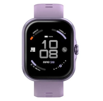 Purple smartwatch with black display showing time 10:08 and date Apr 28, plus app icons on the screen.