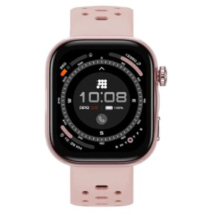 Rose gold Apple Watch with a light pink sport band, showing the time 10:08 on a circular, tech-style watch face.
