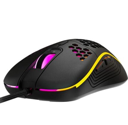 Black wired gaming mouse with pink RGB lighting and honeycomb ventilation on top, angled to show side grips.