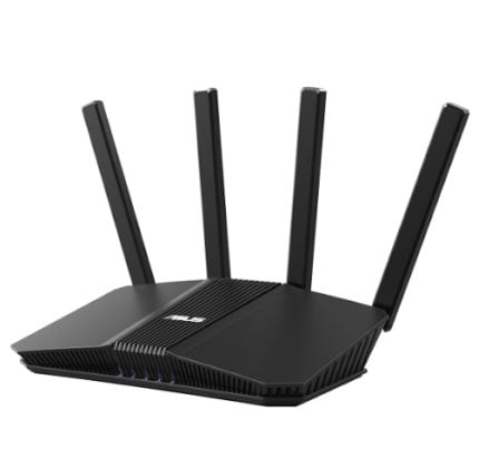 Black wireless router with four external antennas and blue status lights stabilizing on the front edge.