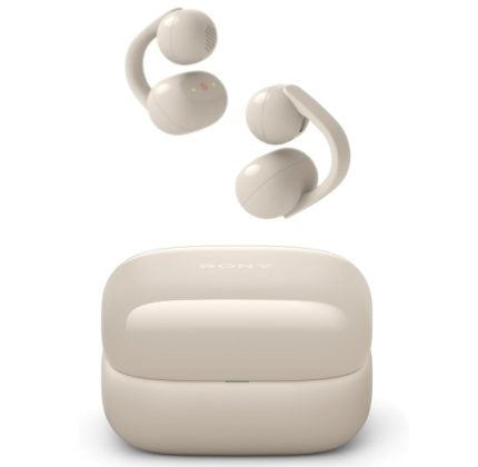 Beige Sony true wireless earbuds with their open charging case, shown against a white background