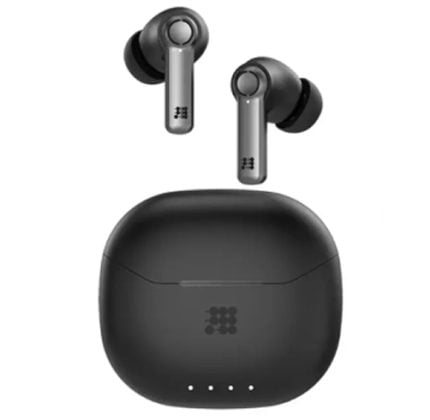 Black true wireless earbuds with a matching charging case on a white background