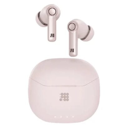 White true wireless earbuds with charging case; compact case shows four LED indicators on front side.