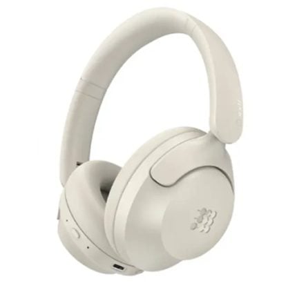 White over-ear wireless headphones with a padded headband (side view). Accessible for listening to music or calls.