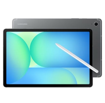 Samsung Galaxy tablet with a white S Pen stylus resting across the screen; back view visible behind.