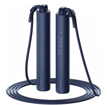 Blue smart jump rope with two cylindrical handles and a digital display on one handle, rope neatly coiled.