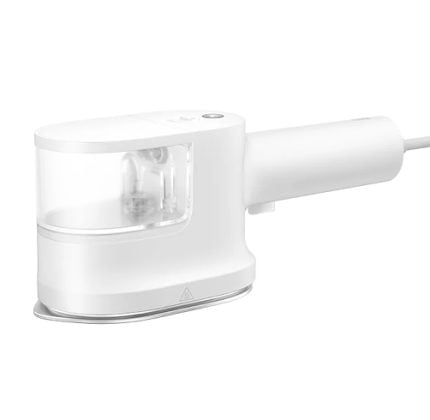 White handheld garment steamer with a transparent water reservoir and connected power cord.