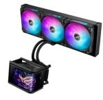 RGB-lit triple-fan all-in-one CPU liquid cooler with radiator and braided tubes.