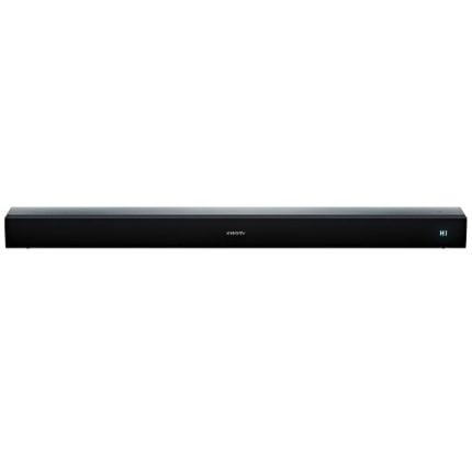 Slim black soundbar speaker on a white background, viewed edge-to-center.
