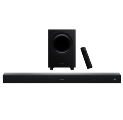 Wireless home theater speaker system with a long black soundbar, a compact square subwoofer, and a remote on a white background