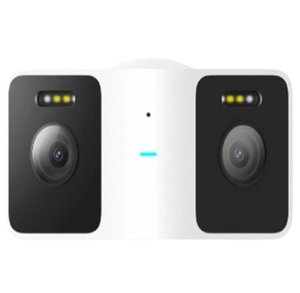Front view of a white dual-camera device with black side panels, two lenses, LED indicators above each lens, and a blue status light in the center.