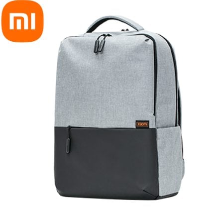 Light gray backpack with a dark gray front pocket and black zippers, featuring a Xiaomi logo in the corner.