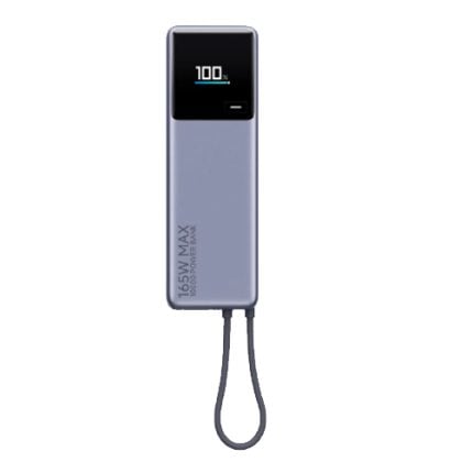 Slim portable power bank with a digital display showing 100% charge and a pull tab loop at the bottom.