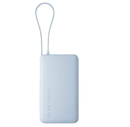 Light blue portable power bank with a wrist strap attached to the top edge.