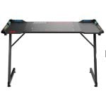 Redragon gaming desk with a carbon-fiber-style top and black metal frame, wide rectangular workspace and angled legs.