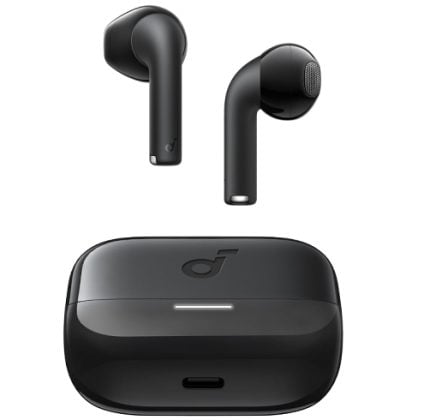 Black wireless earbuds with a matching black charging case, featuring a small LED indicator on the case and a USB-C port at the bottom.