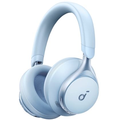Light blue over-ear headphones with cushioned ear cups and headband