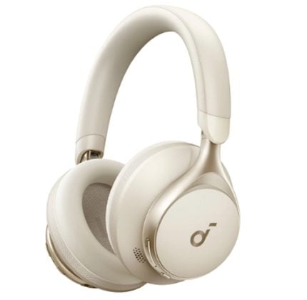 White over-ear headphones with cushioned ear cups and headband, shown from a three-quarter angle.