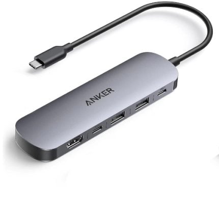 Anker USB-C hub with HDMI and multiple USB-A ports in a silver aluminum housing
