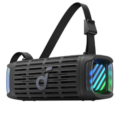 Black VR headset with an adjustable strap and blue-green LED accents on the front and sides.