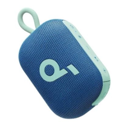 Blue fabric-covered portable Bluetooth speaker with a light mint loop and side control strip.