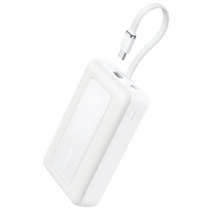White portable power bank with a braided USB-C cable attached, angled to show the charging port and power button in a compact design