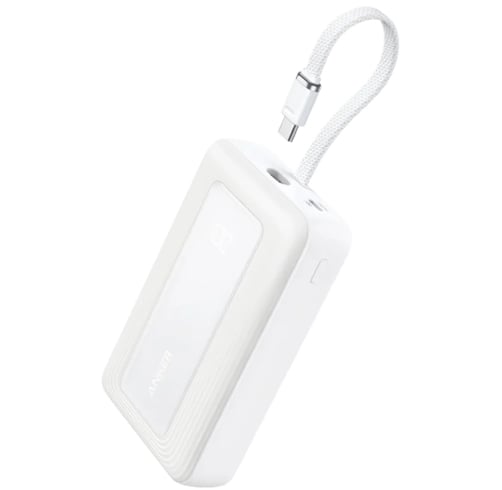 White portable power bank with a braided USB-C cable attached, angled to show the charging port and power button in a compact design