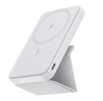 White wireless charging stand/pad angled for easy phone viewing while charging, with a blue USB-C port on the side.