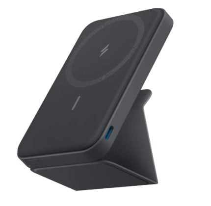 Black wireless charging stand angled to hold a phone, circular charging pad on top and a USB‑C port visible on the side.