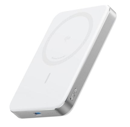 White wireless charging pad with circular charging area on top and USB-C port on the side