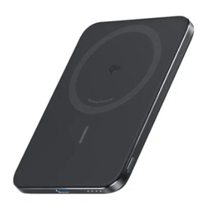 Black wireless charging pad with a circular charging surface and a small status indicator, branded 'Qi'.