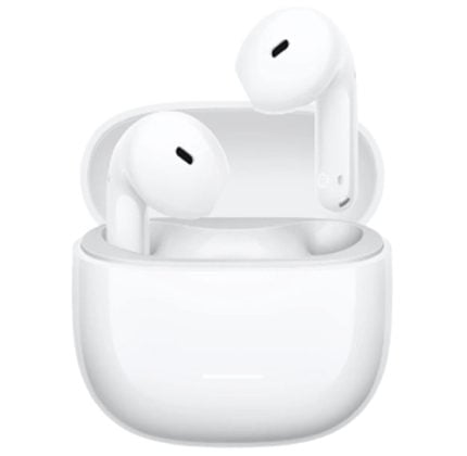White wireless earbuds in an open charging case, ready to use
