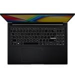 Top-down view of a black laptop opened at a wide angle, showing the keyboard, touchpad, and a colorful screen.