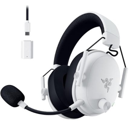 White gaming headset with black ear cushions and detachable boom mic; USB adapter shown beside it.