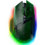 Green translucent gaming mouse with rainbow RGB lighting outlining its base, viewed from above.