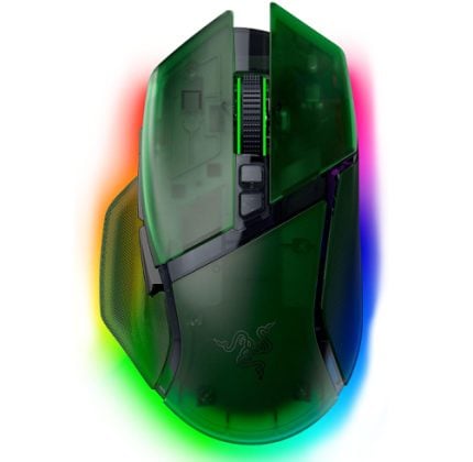 Green translucent gaming mouse with rainbow RGB lighting outlining its base, viewed from above.