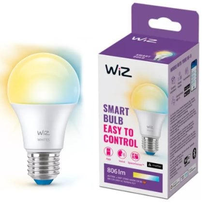 WiZ smart bulb lit with a warm yellow glow beside its purple and white packaging labeled 'Smart Bulb Easy to Control'.